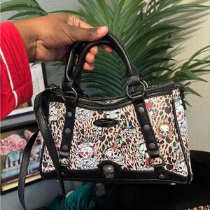 Brand new Ed Hardy Black & Leopard Tattoo-Print Satchel with Colorful Skulls